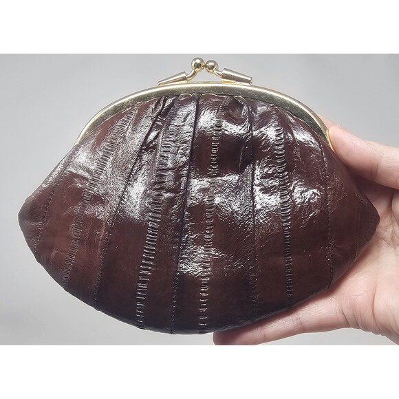 Vtg Eel Skin Leather Double Kiss Lock Brown Gold Coin Change Clutch Wallet 7x5.5 - Picture 2 of 14